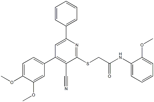 2-{[3-cyano-4-(3,4-dimethoxyphenyl)-6-phenyl-2-pyridinyl]sulfanyl}-N-(2-methoxyphenyl)acetamide Struktur