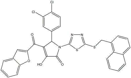 4-(1-benzofuran-2-ylcarbonyl)-5-(3,4-dichlorophenyl)-3-hydroxy-1-{5-[(1-naphthylmethyl)sulfanyl]-1,3,4-thiadiazol-2-yl}-1,5-dihydro-2H-pyrrol-2-one Struktur