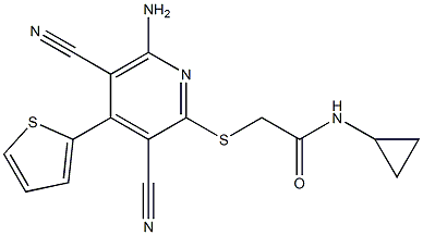 2-{[6-amino-3,5-dicyano-4-(2-thienyl)-2-pyridinyl]sulfanyl}-N-cyclopropylacetamide Struktur