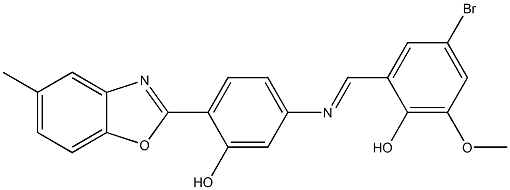 4-bromo-2-({[3-hydroxy-4-(5-methyl-1,3-benzoxazol-2-yl)phenyl]imino}methyl)-6-methoxyphenol Struktur