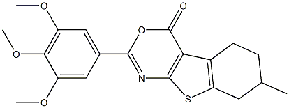 7-methyl-2-(3,4,5-trimethoxyphenyl)-5,6,7,8-tetrahydro-4H-[1]benzothieno[2,3-d][1,3]oxazin-4-one Struktur