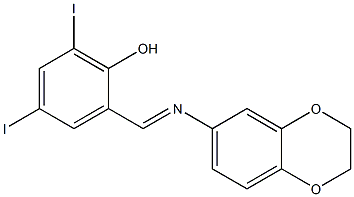 2-[(2,3-dihydro-1,4-benzodioxin-6-ylimino)methyl]-4,6-diiodophenol Struktur