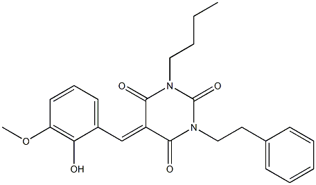 1-butyl-5-(2-hydroxy-3-methoxybenzylidene)-3-(2-phenylethyl)-2,4,6(1H,3H,5H)-pyrimidinetrione Struktur