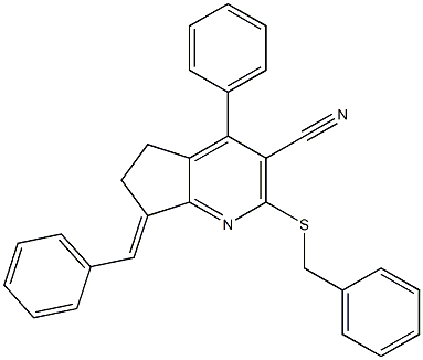 7-benzylidene-2-(benzylsulfanyl)-4-phenyl-6,7-dihydro-5H-cyclopenta[b]pyridine-3-carbonitrile Struktur