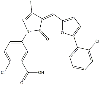 2-chloro-5-(4-{[5-(2-chlorophenyl)-2-furyl]methylene}-3-methyl-5-oxo-4,5-dihydro-1H-pyrazol-1-yl)benzoic acid Struktur