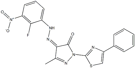 3-methyl-1-(4-phenyl-1,3-thiazol-2-yl)-1H-pyrazole-4,5-dione 4-[N-(2-fluoro-3-nitrophenyl)hydrazone] Struktur