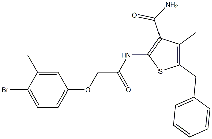 5-benzyl-2-{[2-(4-bromo-3-methylphenoxy)acetyl]amino}-4-methyl-3-thiophenecarboxamide Struktur