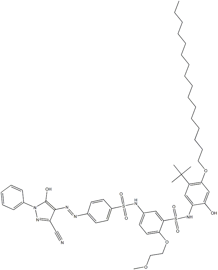 5-[4-(3-Cyano-5-hydroxy-1-phenyl-1H-pyrazol-4-ylazo)phenylsulfonylamino]-N-(4-hexadecyloxy-2-hydroxy-5-tert-butylphenyl)-2-(2-methoxyethoxy)benzenesulfonamide Struktur