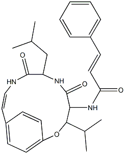 N-[3-Isopropyl-7-(2-methylpropyl)-5,8-dioxo-2-oxa-6,9-diazabicyclo[10.2.2]hexadeca-10,12,14(1),15-tetren-4-yl]-3-phenylpropenamide Struktur