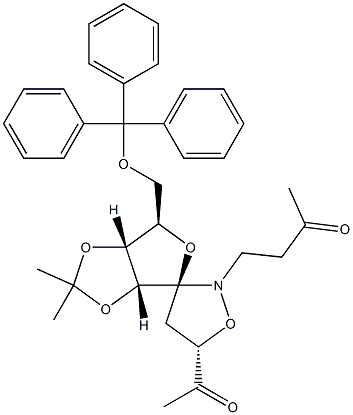 (3S,5S,7R,8R,9R)-3-Acetyl-8,9-isopropylidenedioxy-1-(3-oxobutyl)-7-trityloxymethyl-2,6-dioxa-1-azaspiro[4.4]nonane Struktur