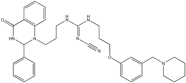 1-[3-[2-Cyano-3-[3-(3-piperidinomethylphenoxy)propyl]guanidino]propyl]-2-phenyl-1,2-dihydroquinazolin-4(3H)-one Struktur