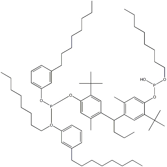 [Butylidenebis(2-tert-butyl-5-methyl-4,1-phenyleneoxy)]bis(phosphonous acid)O,O'-dioctyl O,O'-bis(3-octylphenyl) ester Struktur