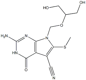 2-Amino-3,4-dihydro-6-methylthio-7-(2-hydroxy-1-hydroxymethylethoxymethyl)-4-oxo-7H-pyrrolo[2,3-d]pyrimidine-5-carbonitrile Struktur