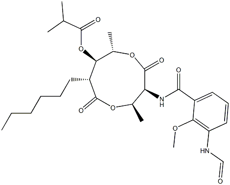 2-Methylpropanoic acid (3S,4R,7R,8R,9S)-3-[(3-formylamino-2-methoxybenzoyl)amino]-4,9-dimethyl-2,6-dioxo-7-hexyl-1,5-dioxonan-8-yl ester Struktur