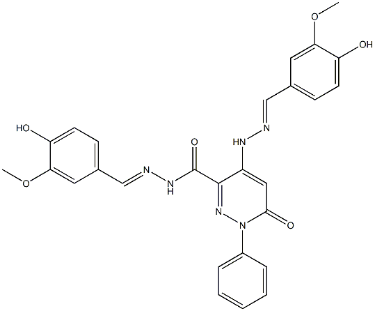 1,6-Dihydro-N'-(4-hydroxy-3-methoxybenzylidene)-4-[N'-(4-hydroxy-3-methoxybenzylidene)hydrazino]-6-oxo-1-phenylpyridazine-3-carboxylic acid hydrazide Struktur