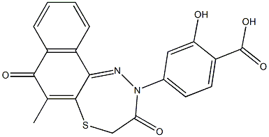 7,8-Dihydro-6-methyl-10-[4-carboxy-3-hydroxyphenyl]-7-thia-10,11-diaza-10H-cyclohepta[a]naphthalene-5,9-dione Struktur