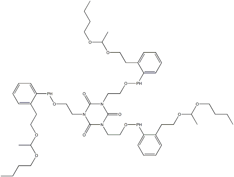 1,3,5-Tris[2-[2-[2-[(1-butoxyethyl)oxy]ethyl]phenylphosphinooxy]ethyl]-1,3,5-triazine-2,4,6(1H,3H,5H)-trione Struktur