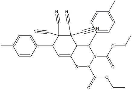 4,7-Bis(p-methylphenyl)-2,3,4a,5,6,7-hexahydro-5,5,6,6-tetracyano-4H-1,2,3-benzothiadiazine-2,3-dicarboxylic acid diethyl ester Struktur