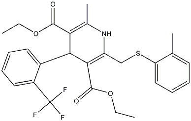 1,4-Dihydro-4-(2-trifluoromethylphenyl)-6-methyl-2-[(2-methylphenylthio)methyl]pyridine-3,5-dicarboxylic acid diethyl ester Struktur