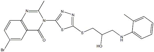 6-Bromo-2-methyl-3-[5-[[3-(2-methylanilino)-2-hydroxypropyl]thio]-1,3,4-thiadiazol-2-yl]quinazolin-4(3H)-one Struktur