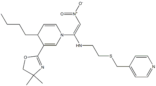 N-[2-Nitro-1-[[4-butyl-3-(4,4-dimethyl-2-oxazolin-2-yl)-1,4-dihydropyridin]-1-yl]ethenyl]-2-[(4-pyridinylmethyl)thio]ethanamine Struktur