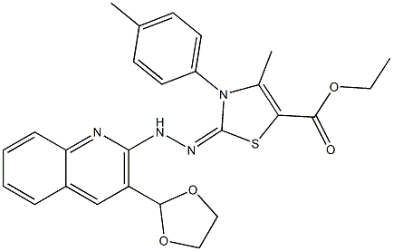 2-[2-[3-(1,3-Dioxolane-2-yl)quinoline-2-yl]hydrazono]-3-(4-methylphenyl)-2,3-dihydro-4-methylthiazole-5-carboxylic acid ethyl ester Struktur