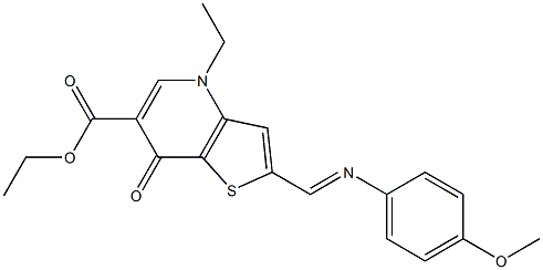 2-[(4-Methoxyphenyl)iminomethyl]-4-ethyl-7-oxothieno[3,2-b]pyridine-6-carboxylic acid ethyl ester Struktur