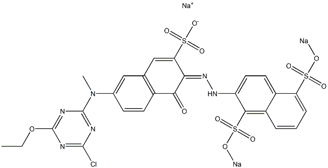 3-[2-[1,5-Bis(sodiosulfo)-2-naphtyl]hydrazono]-4-oxo-3,4-dihydro-7-[(4-chloro-6-ethyloxy-1,3,5-triazine-2-yl)(methyl)amino]naphthalene-2-sulfonic acid sodium salt Struktur