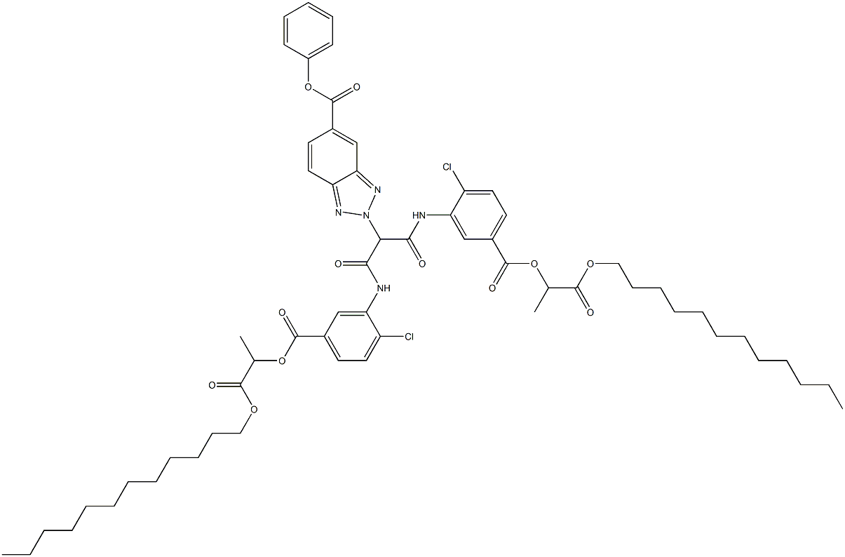 2-[Bis[2-chloro-5-[1-(dodecyloxycarbonyl)ethoxycarbonyl]phenylaminocarbonyl]methyl]-2H-benzotriazole-5-carboxylic acid phenyl ester Struktur