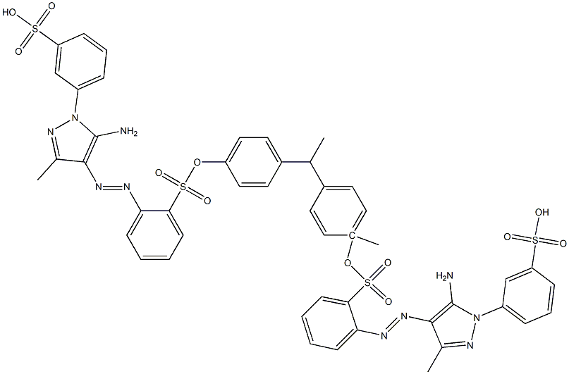 Bis[2-[[5-amino-3-methyl-1-[3-(hydroxysulfonyl)phenyl]-1H-pyrazol-4-yl]azo]benzenesulfonic acid]1-methylethylidenebis(4,1-phenylene) ester Struktur