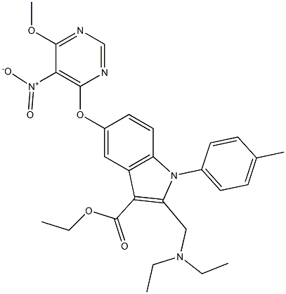 1-(4-Methylphenyl)-2-[(diethylamino)methyl]-5-[5-nitro-6-methoxypyrimidin-4-yloxy]-1H-indole-3-carboxylic acid ethyl ester Struktur