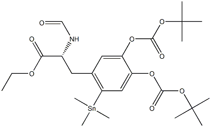 N-Formyl-3,4-di-tert-butoxycarbonyloxy-6-(trimethylstannyl)-D-phenylalanine ethyl ester Struktur