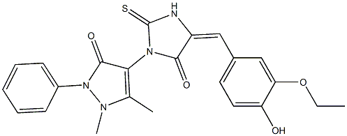 4-[4-(3-Ethoxy-4-hydroxy-benzylidene)-5-oxo-2-thioxo-imidazolidin-1-yl]-1,5-dimethyl-2-phenyl-1,2-dihydro-pyrazol-3-one Struktur