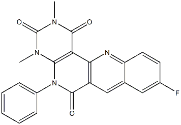 9-fluoro-2,4-dimethyl-5-phenyl-1,2,3,4,5,6-hexahydrobenzo[b]pyrimido[4,5-h][1,6]naphthyridine-1,3,6-trione Struktur