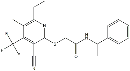 2-{[3-cyano-6-ethyl-5-methyl-4-(trifluoromethyl)-2-pyridinyl]sulfanyl}-N-(1-phenylethyl)acetamide Struktur