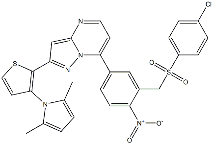 7-(3-{[(4-chlorophenyl)sulfonyl]methyl}-4-nitrophenyl)-2-[3-(2,5-dimethyl-1H-pyrrol-1-yl)-2-thienyl]pyrazolo[1,5-a]pyrimidine Struktur