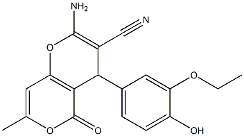 2-amino-4-(3-ethoxy-4-hydroxyphenyl)-7-methyl-5-oxo-4H,5H-pyrano[4,3-b]pyran-3-carbonitrile Struktur