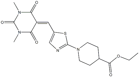 ethyl 1-(5-{[1,3-dimethyl-2,4,6-trioxotetrahydro-5(2H)-pyrimidinyliden]methyl}-1,3-thiazol-2-yl)-4-piperidinecarboxylate Struktur