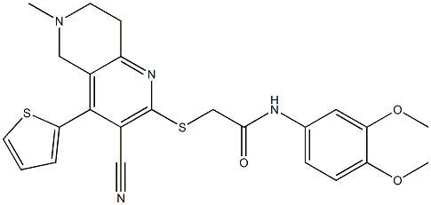 2-{[3-cyano-6-methyl-4-(2-thienyl)-5,6,7,8-tetrahydro[1,6]naphthyridin-2-yl]sulfanyl}-N-(3,4-dimethoxyphenyl)acetamide Struktur