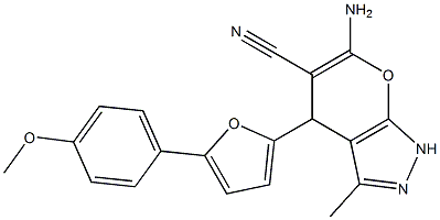 6-amino-4-[5-(4-methoxyphenyl)-2-furyl]-3-methyl-1,4-dihydropyrano[2,3-c]pyrazole-5-carbonitrile Struktur