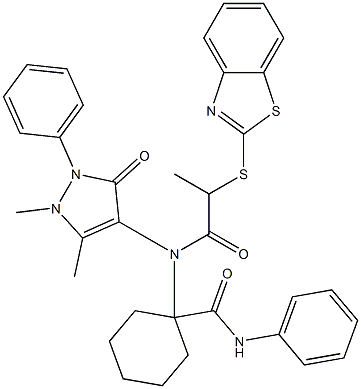 1-[[2-(1,3-benzothiazol-2-ylsulfanyl)propanoyl](1,5-dimethyl-3-oxo-2-phenyl-2,3-dihydro-1H-pyrazol-4-yl)amino]-N-phenylcyclohexanecarboxamide Struktur