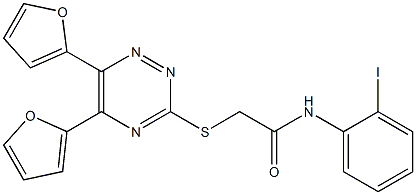 2-{[5,6-di(2-furyl)-1,2,4-triazin-3-yl]sulfanyl}-N-(2-iodophenyl)acetamide Struktur