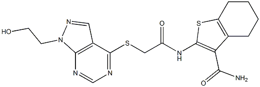 2-[({[1-(2-hydroxyethyl)-1H-pyrazolo[3,4-d]pyrimidin-4-yl]sulfanyl}acetyl)amino]-4,5,6,7-tetrahydro-1-benzothiophene-3-carboxamide Struktur