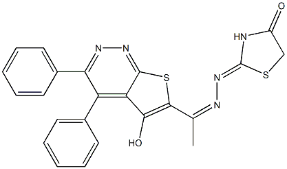 2-{[1-(5-hydroxy-3,4-diphenylthieno[2,3-c]pyridazin-6-yl)ethylidene]hydrazono}-1,3-thiazolidin-4-one Struktur