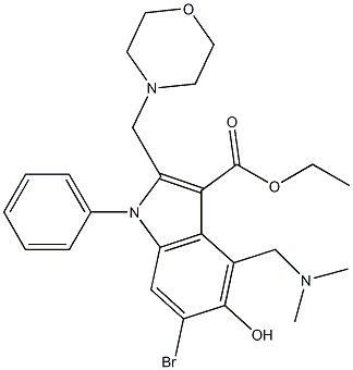 ethyl 6-bromo-4-[(dimethylamino)methyl]-5-hydroxy-2-(4-morpholinylmethyl)-1-phenyl-1H-indole-3-carboxylate Struktur