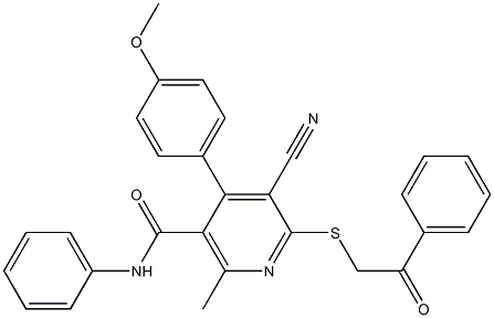 5-cyano-4-(4-methoxyphenyl)-2-methyl-6-[(2-oxo-2-phenylethyl)sulfanyl]-N-phenylnicotinamide Struktur