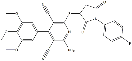 2-amino-6-{[1-(4-fluorophenyl)-2,5-dioxo-3-pyrrolidinyl]sulfanyl}-4-(3,4,5-trimethoxyphenyl)-3,5-pyridinedicarbonitrile Struktur