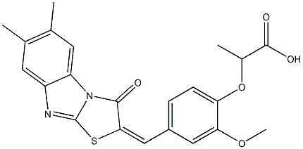 2-{4-[(6,7-dimethyl-3-oxo[1,3]thiazolo[3,2-a]benzimidazol-2(3H)-ylidene)methyl]-2-methoxyphenoxy}propanoic acid Struktur