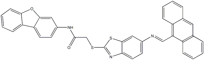 2-({6-[(9-anthrylmethylene)amino]-1,3-benzothiazol-2-yl}sulfanyl)-N-dibenzo[b,d]furan-3-ylacetamide Struktur