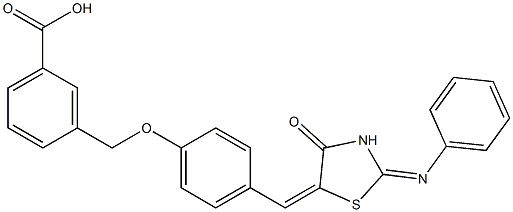 3-[(4-{[4-oxo-2-(phenylimino)-1,3-thiazolidin-5-ylidene]methyl}phenoxy)methyl]benzoic acid Struktur